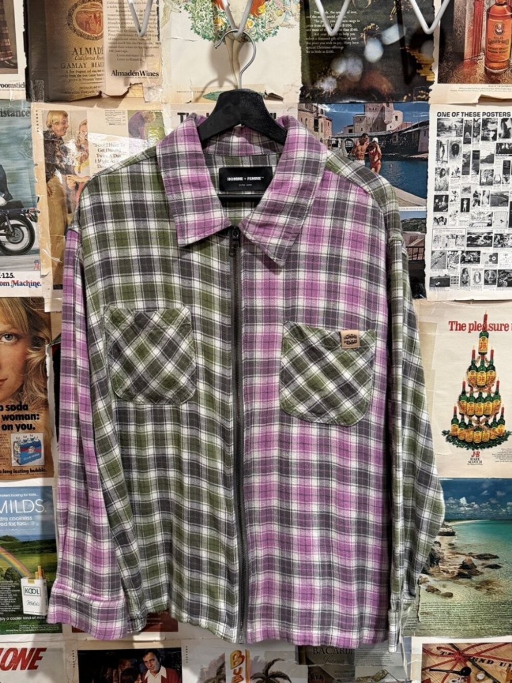 Homme Femme Split Plaid Zip Flannel Shirt XL